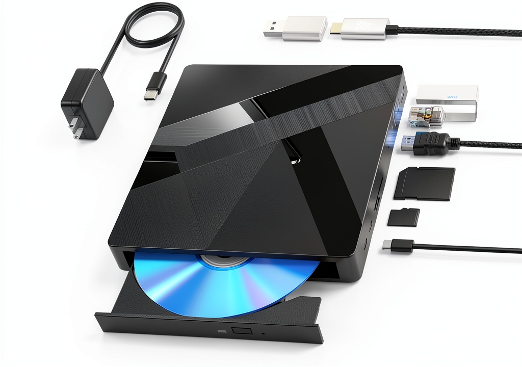 Wbacon external Blu-ray drive connected to a laptop via USBC
