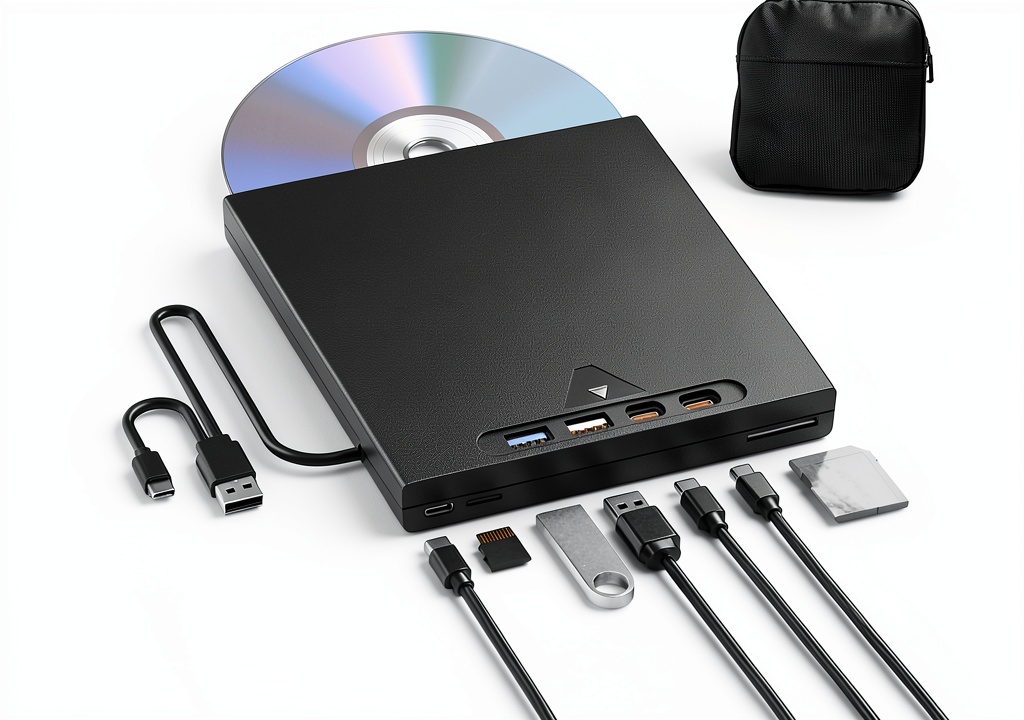 Yaeonku external Blu-ray drive connected to a laptop in a studio setting